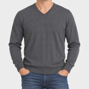 Lyle & Scott Sweater Mens Medium Gray Argyle Diamond V Neck Cotton Knit Pullover